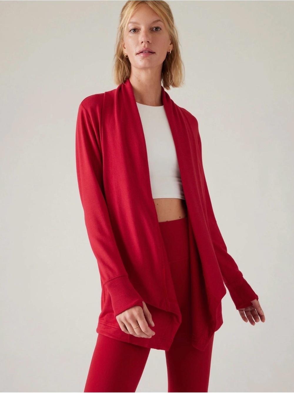 NWT Athleta Pranayama Wrap S Red Tencel Modal Cardigan Thumbholes Pockets